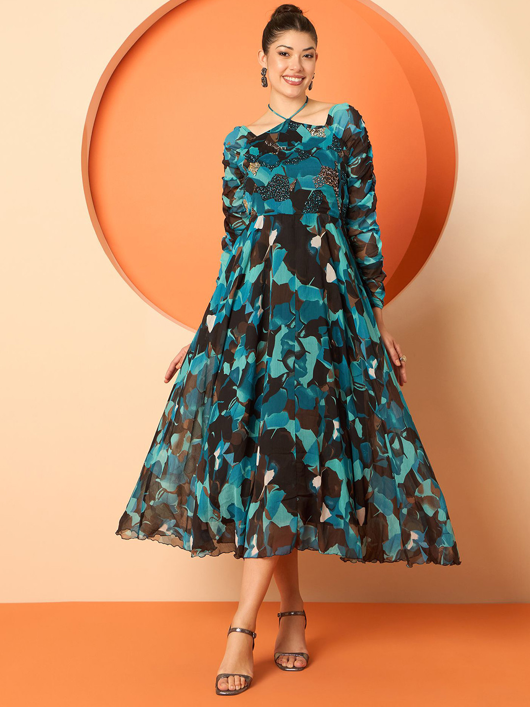 Antheaa Women Abstract Printed Halter Neck Embellished Fit and Flare Midi Dresses