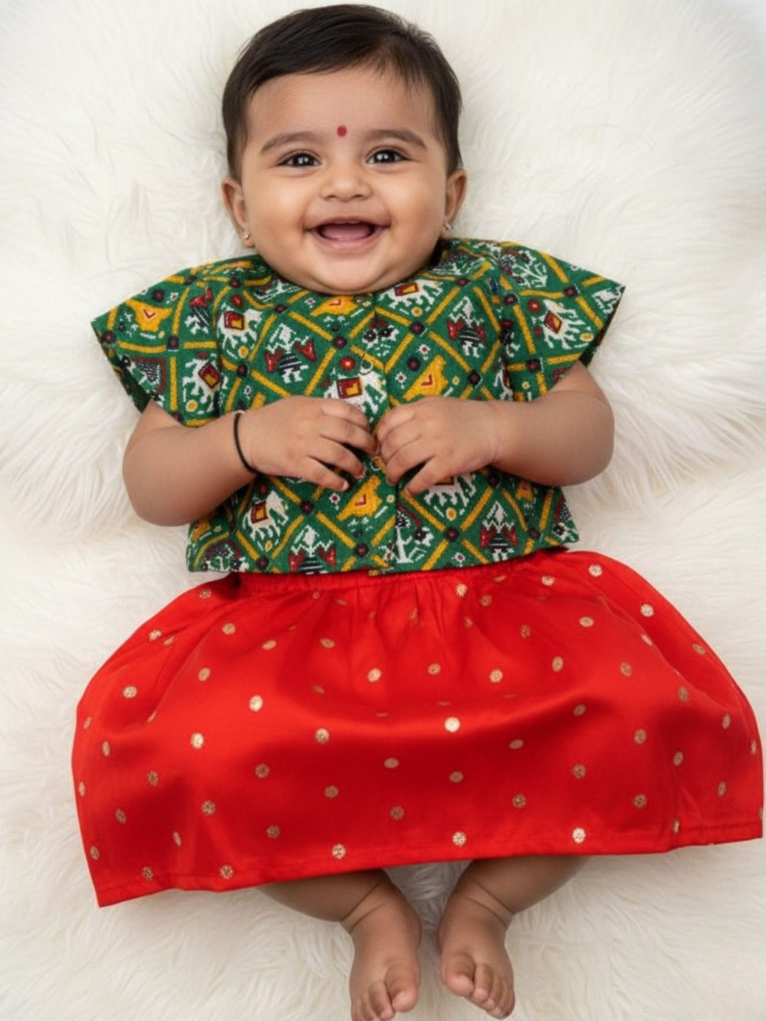 Sangria Girls Red Zari Lehenga and Green Patola Blouse Lehenga Set