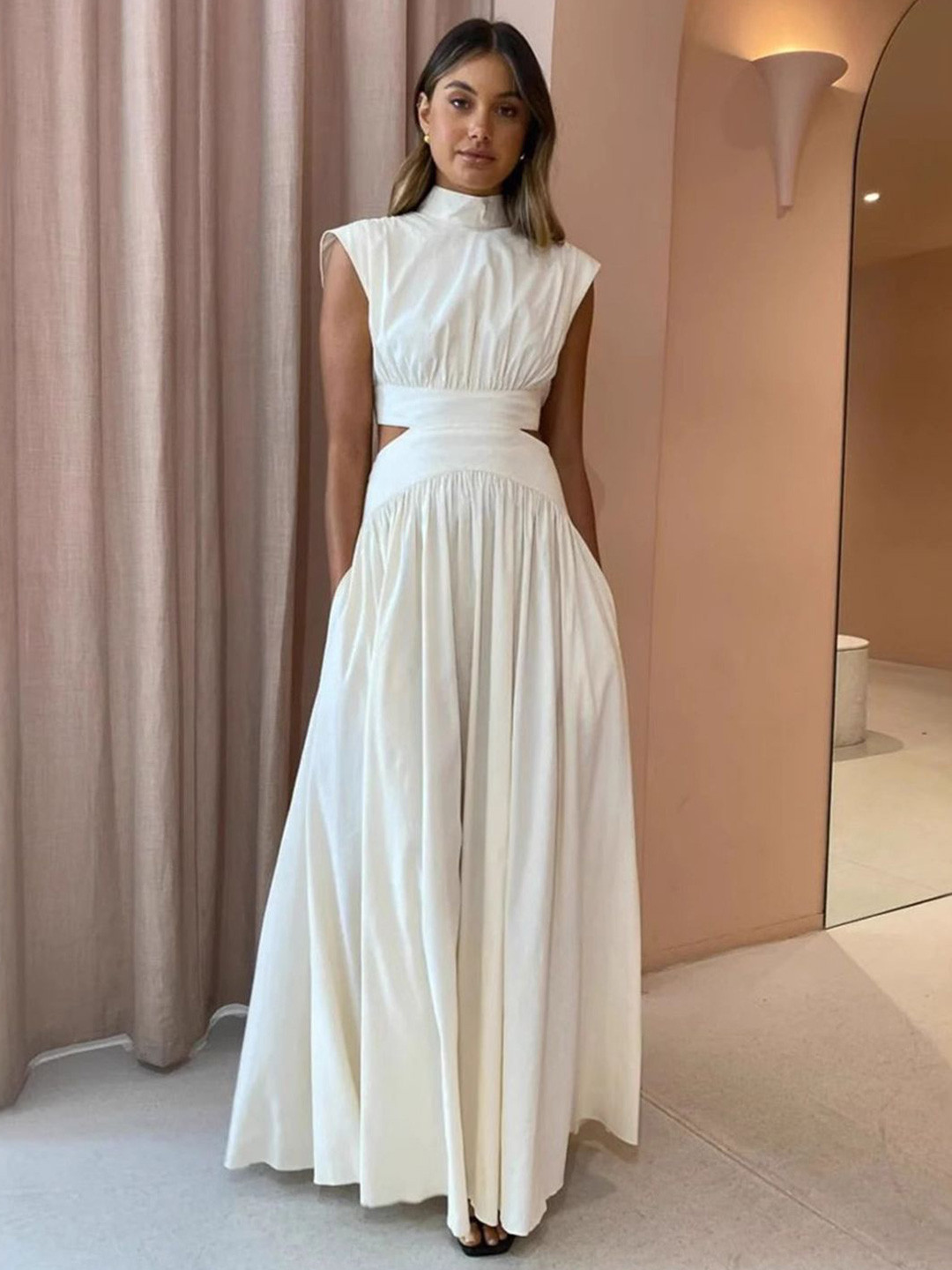 bebe White Mock Neck Sleeveless Side Waist Cutouts Gathered A-line Maxi Dress