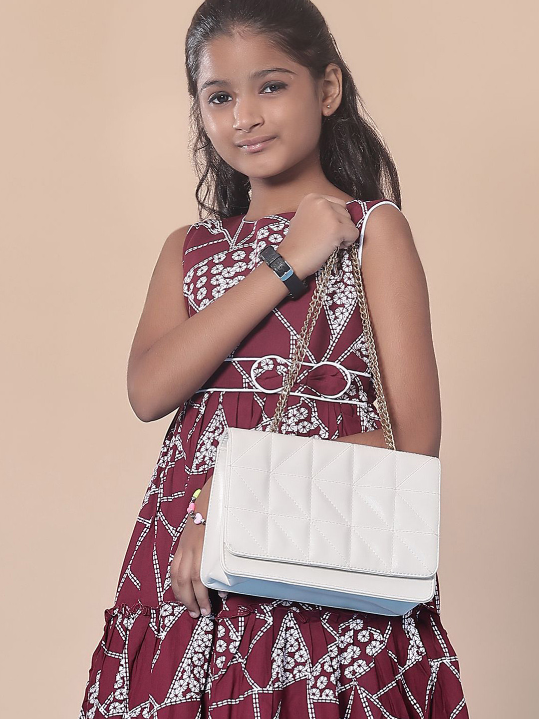 V-Mart Girls Printed Bow Rayon Round Neck Dress