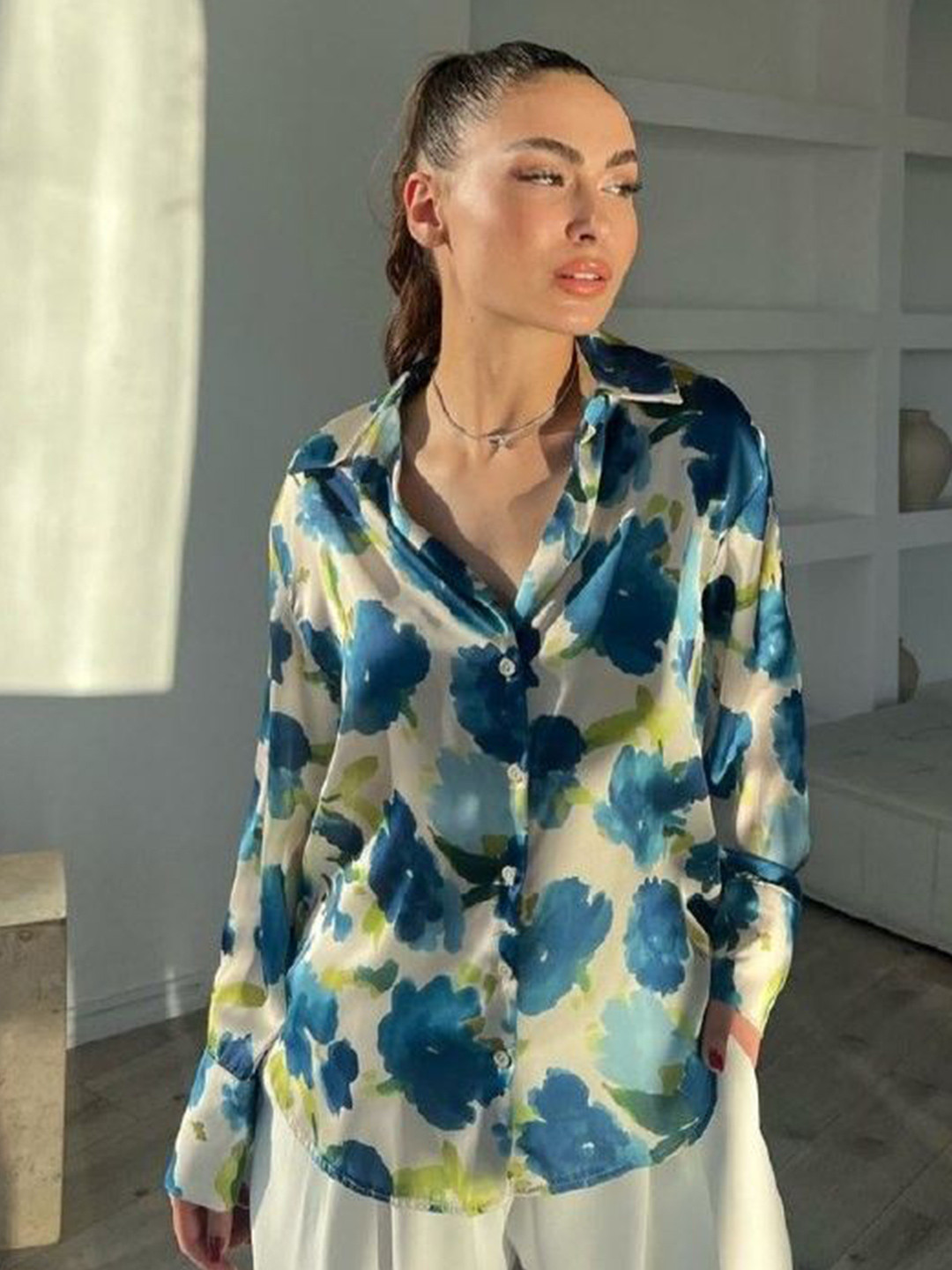 MARQUISA Floral Print Satin Shirt Style Top