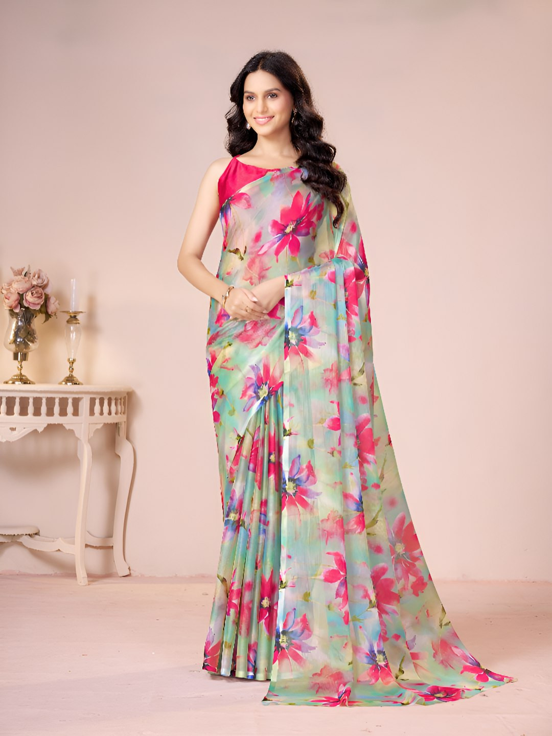 Garden Vareli  Women Floral Printed Pastels Pure Chiffon Saree