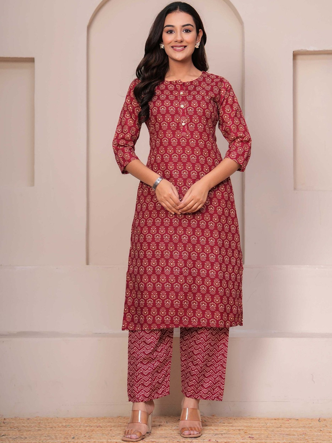 Shri pradha Women Ethnic Motifs Printed Regular Pure Cotton Kurta with Trousers
