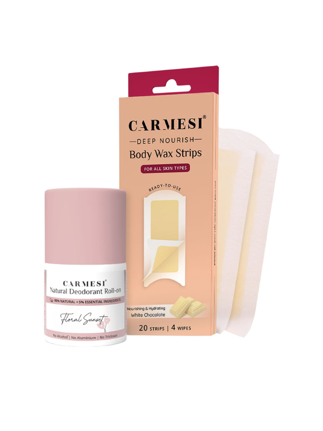 CARMESI Set Of 2 Deodorant Roll On - Floral Sunset 50ml & Wax Strips - 20 Strips, 4 Wipes