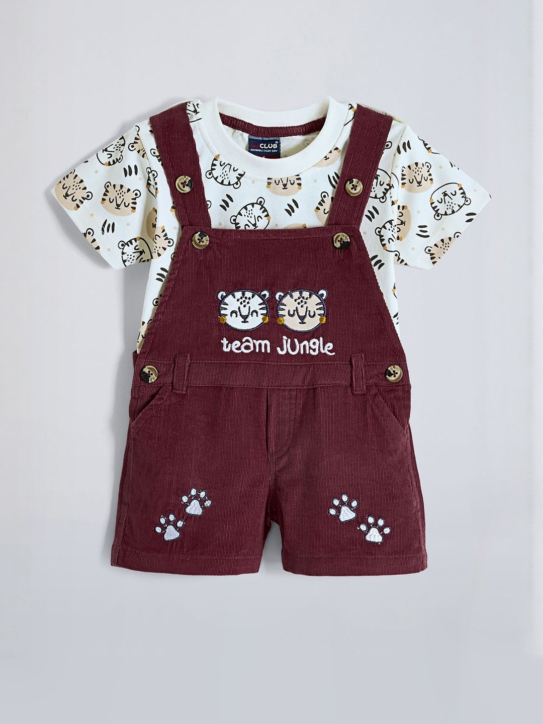 Hopscotch Unisex Kids White & Burgundy Pure Cotton Printed T-shirt Overall Clothing Set