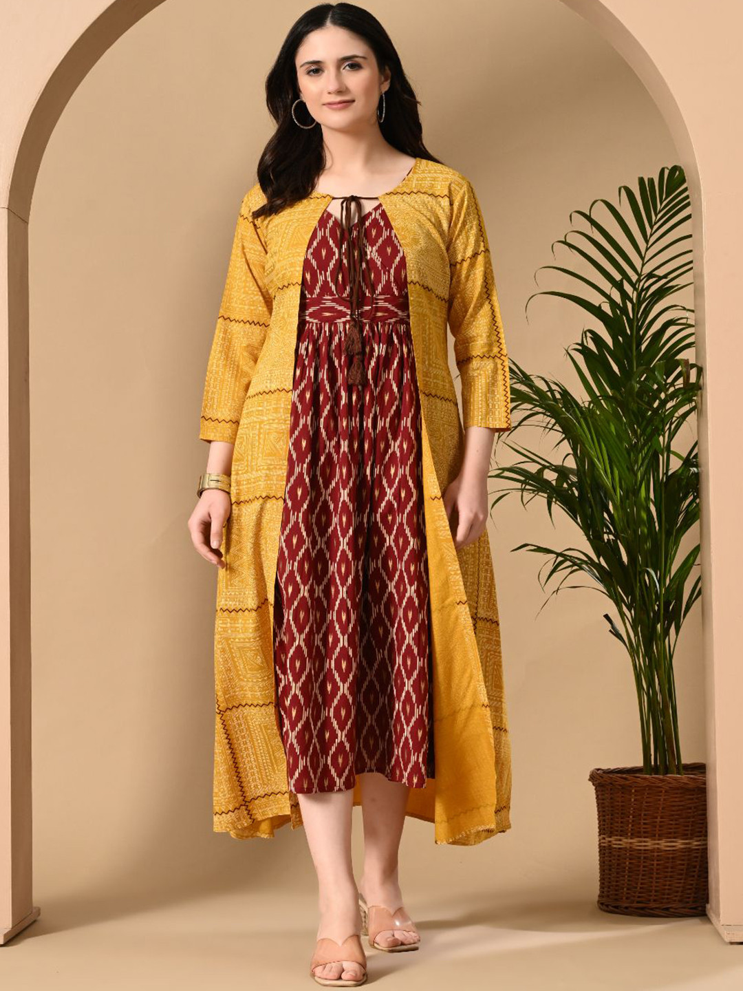 ftDiva Geometric Printed V-Neck Fit & Flared Midi Ethnic Dresses With Shrug
