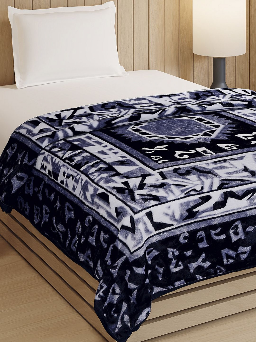 Monte Carlo Blue & White Abstract Printed Heavy Winter Double Bed Blanket 540 GSM