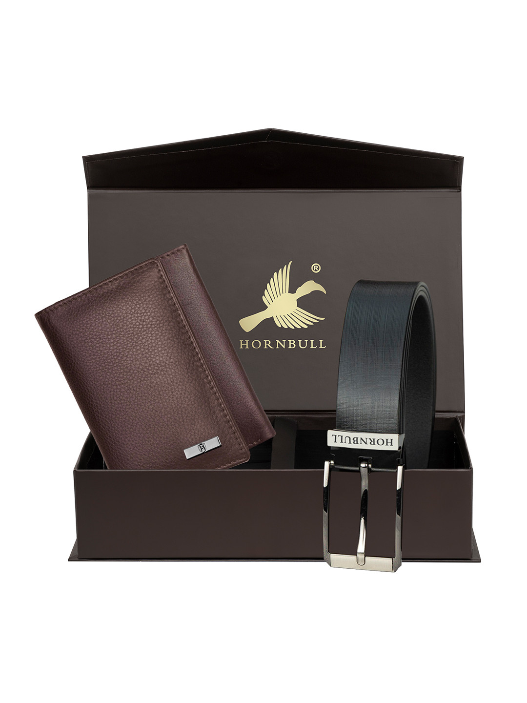 Hornbull Three Fold Leather RFID Safety Brown Wallet & Black Belt Accessory Gift Set