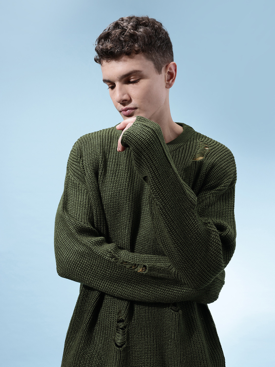 glitchez Distressed Ribbed Oversized Pullover