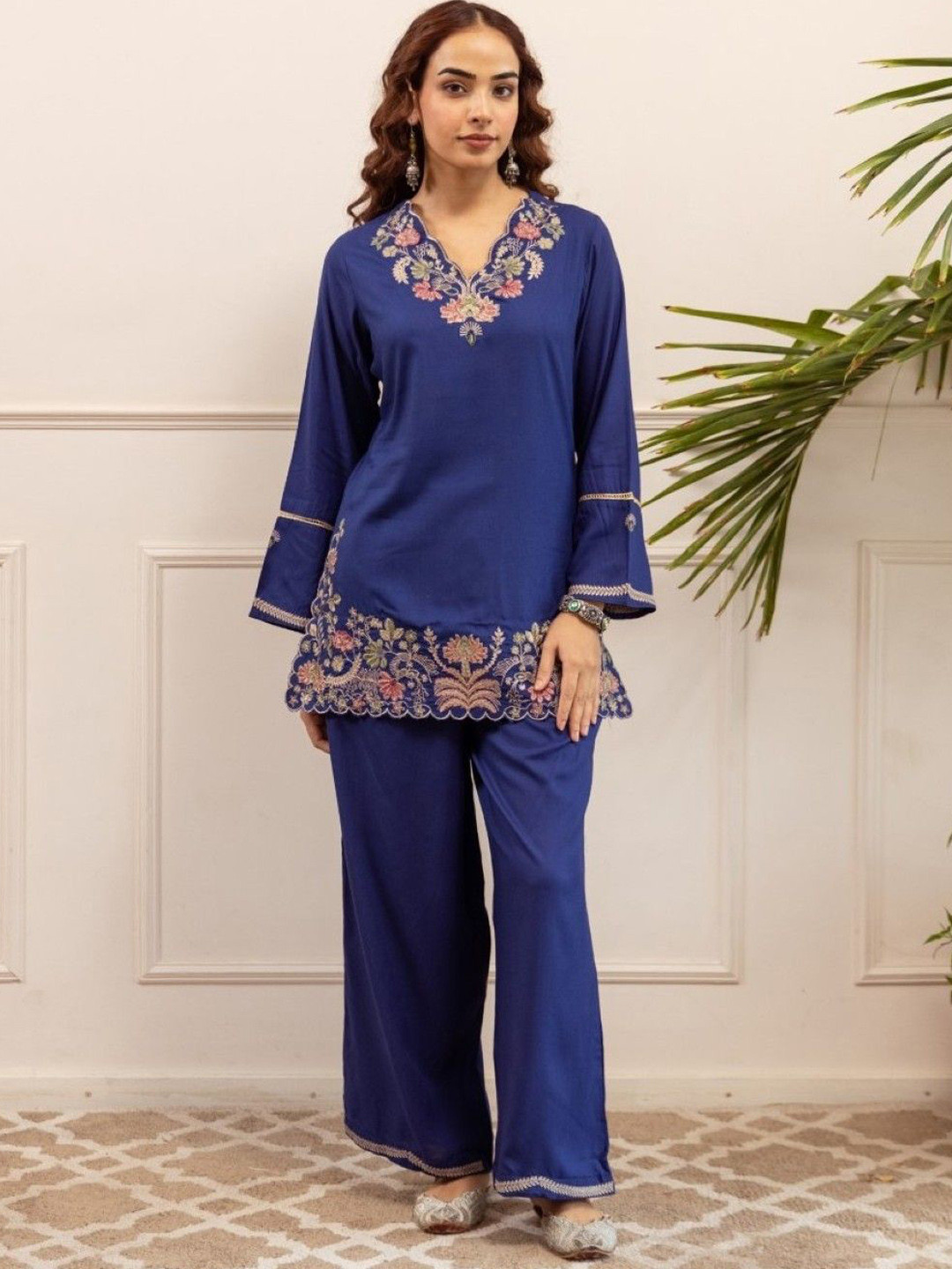 AUTUMN LANE Stravi Marine Embroidery V-Neck Pure Cotton Tunic With Trousers Co-Ords