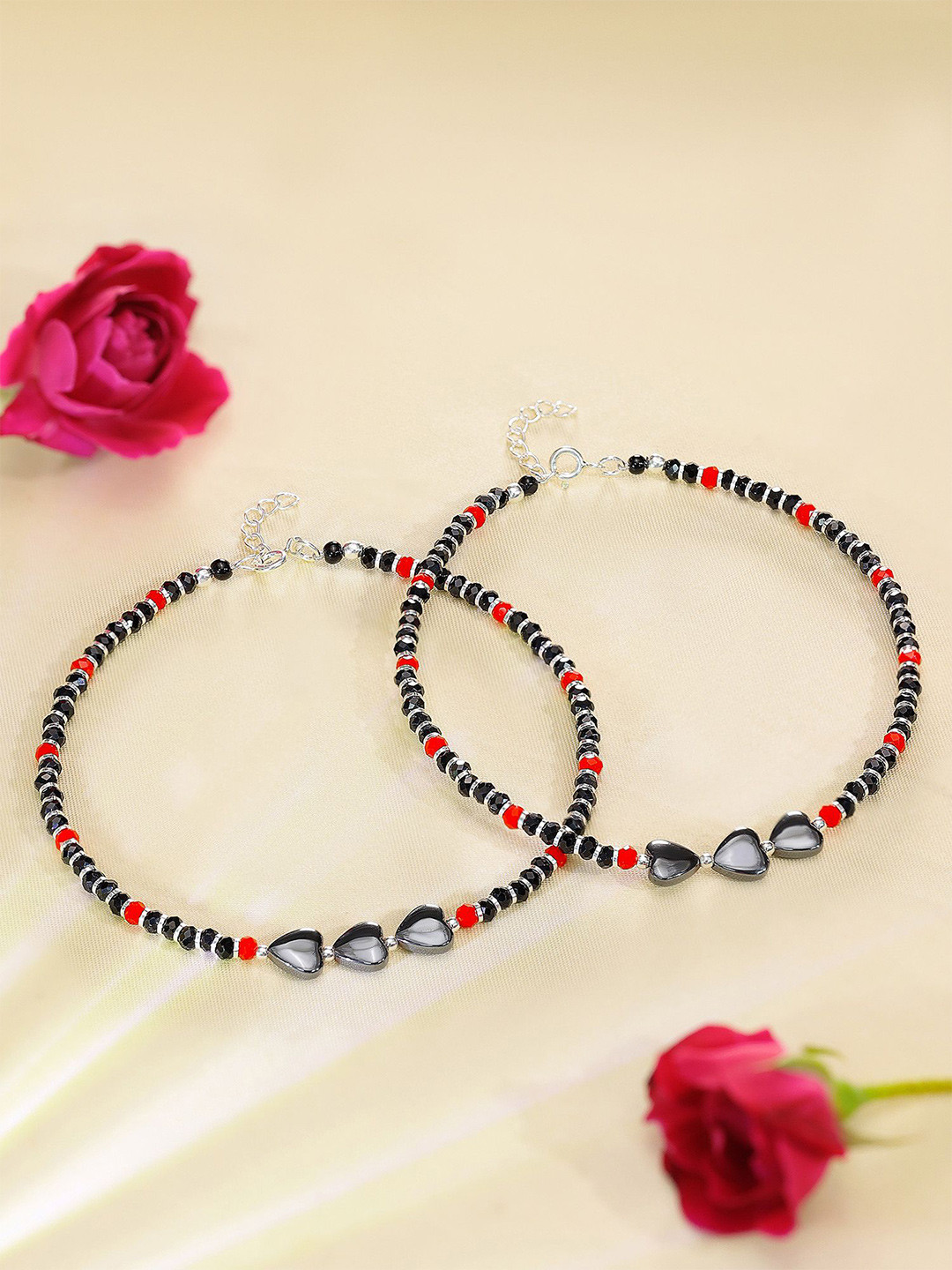 Tweov Set Of 2 925 Sterling Silver Rhodium-Plated Artificial Beaded Triple Heart Anklet