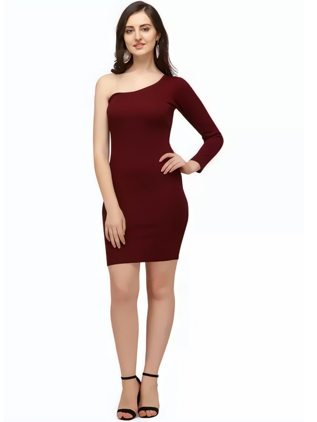 HEMANG FASHION Women Maroon One Shoulder Solid Knee Length Bodycon Dress