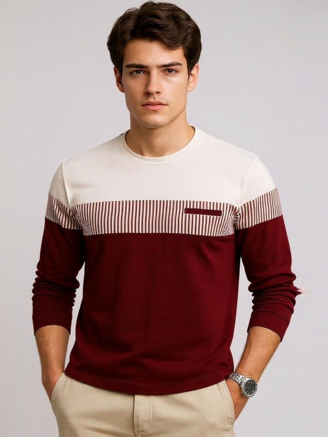 FAOES Men Colourblocked Round Neck Cotton T-shirt