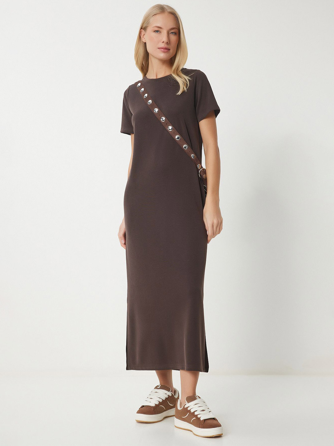 Happiness istanbul Lacivert Women Solid T-shirt Midi Dresses