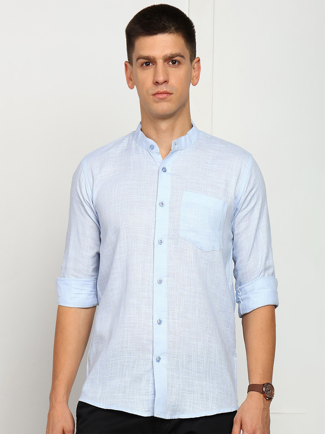 ELLIPSE Men Solid Mandarin Collar Linen Casual Shirt