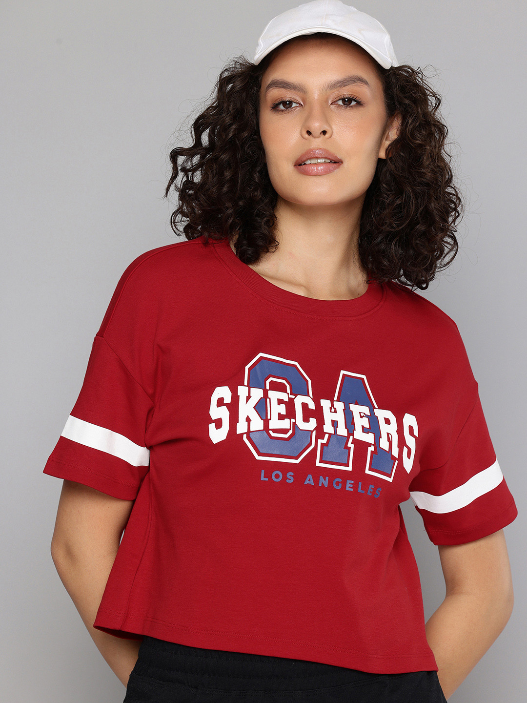 Skechers Brand Logo Printed Drop-Shoulder Sleeves Pure Cotton Varsity T-shirt