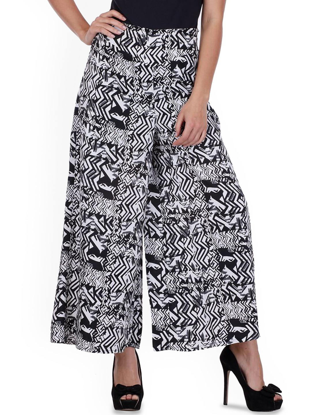 Deewa Women Geometric Zip-Zag Printed Relaxed Wide Leg Mid-Rise Trousers