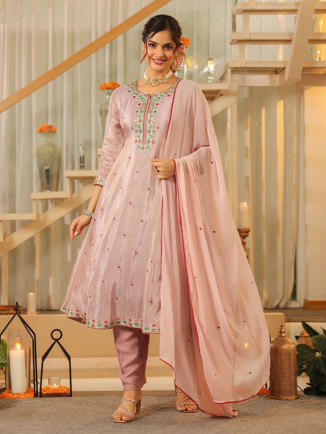 SCAKHI Women Lavender Shimmer Tissue Embroidered Anarkali Suit Set