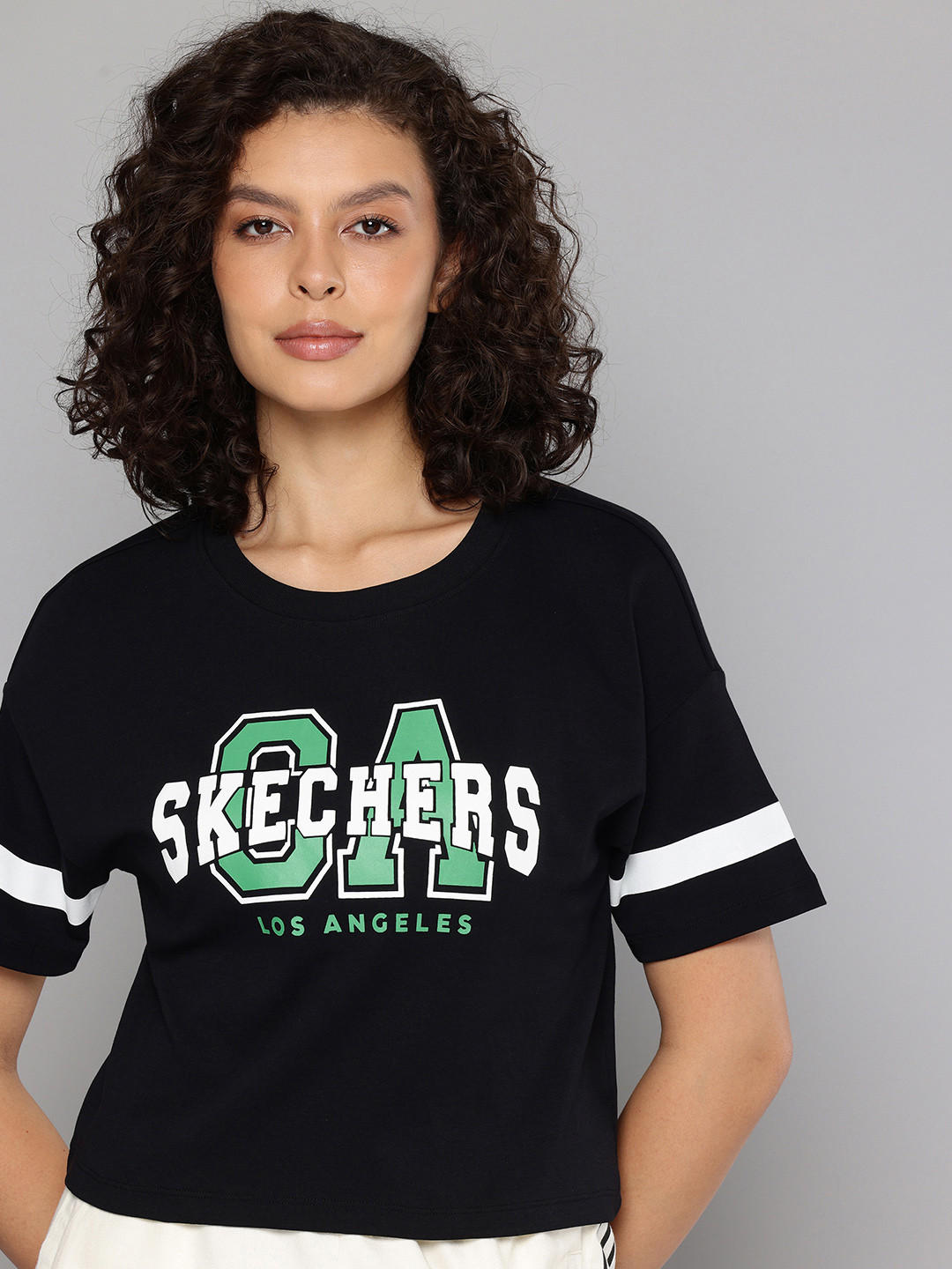 Skechers Brand Logo Printed Drop-Shoulder Sleeves Pure Cotton Varsity T-shirt