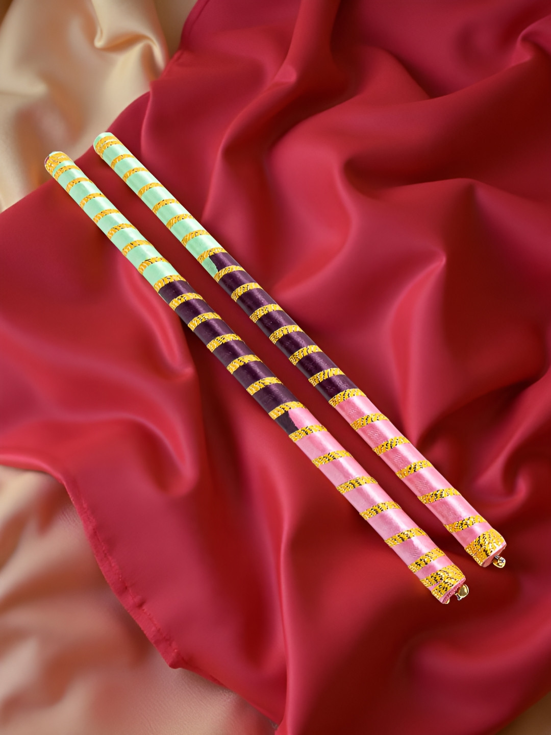 Golden Peacock Set Of 2 Dandiya Sticks With Satin Wrap
