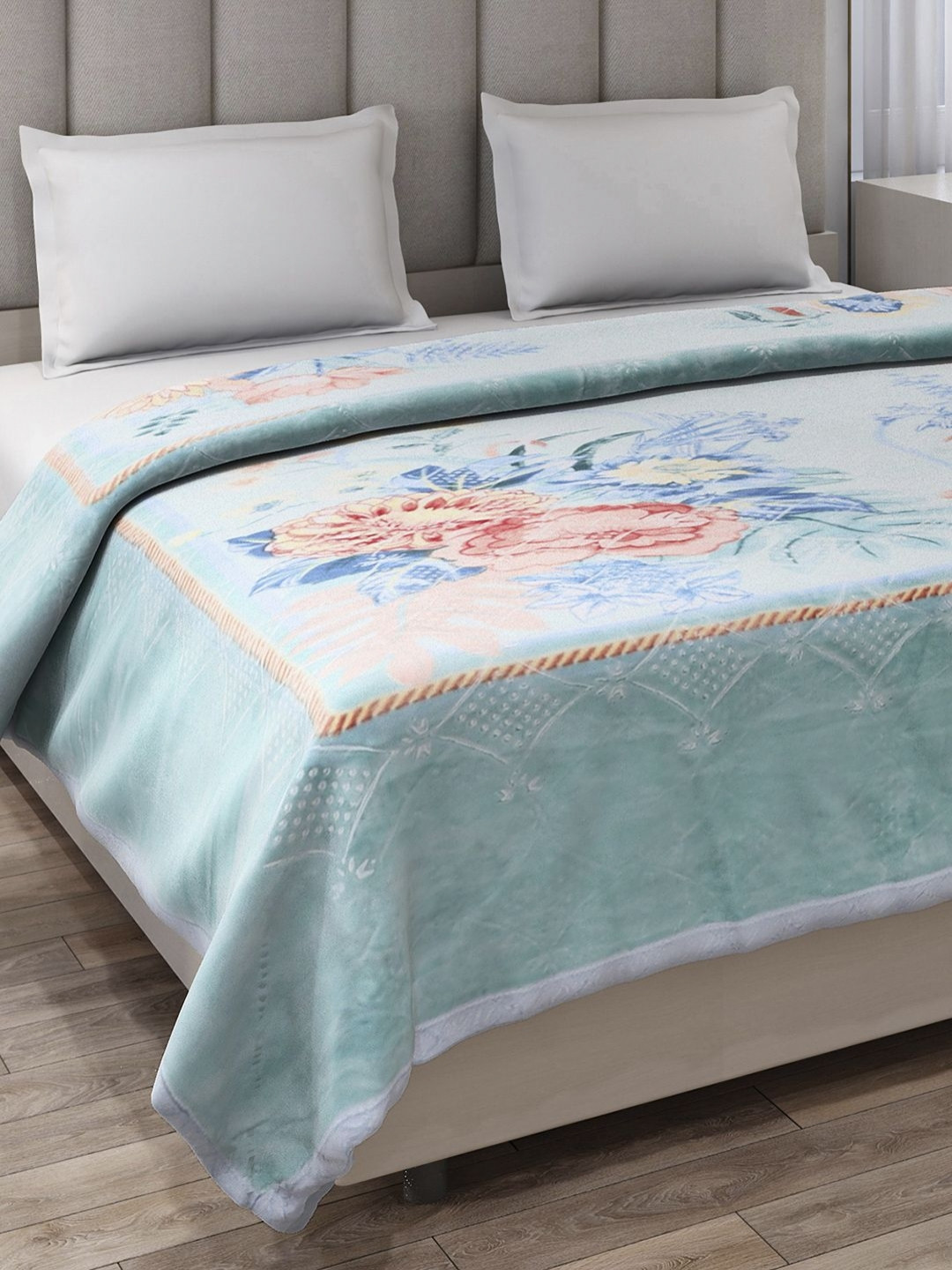 Monte Carlo Shahenshan Bl Sea Green Floral Printed Heavy Winter Double Bed Blanket 1136GSM