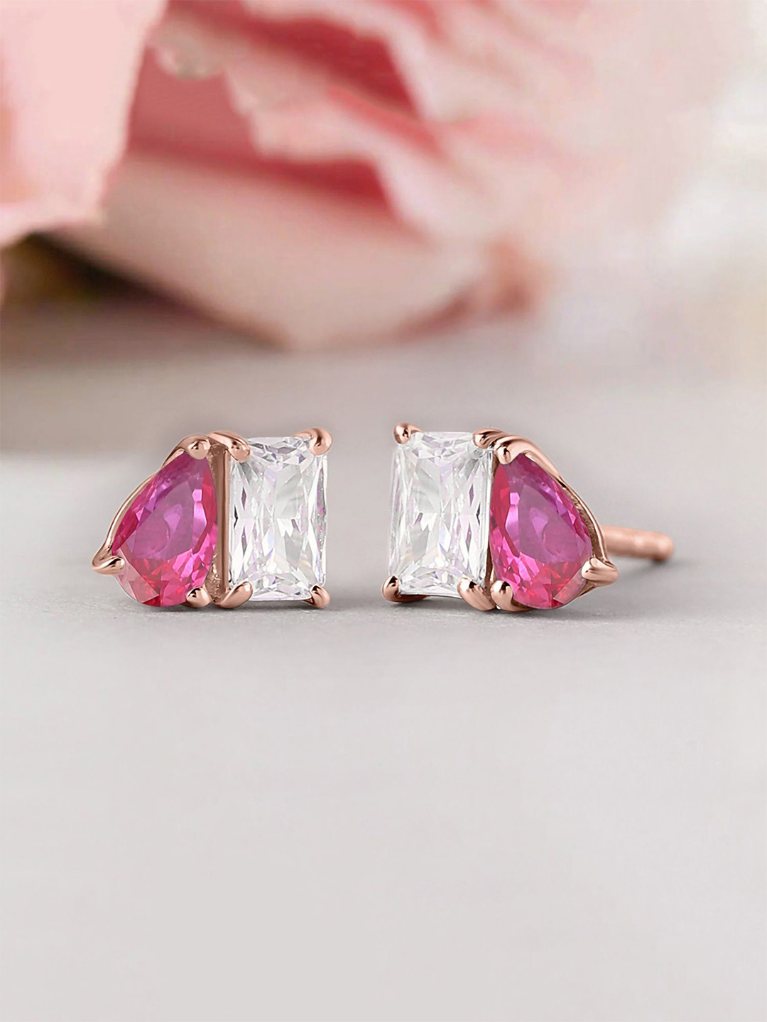 Ornate Jewels 925 Sterling Silver Rose Gold-Plated Faux Ruby Studded Teardrop Shaped Studs