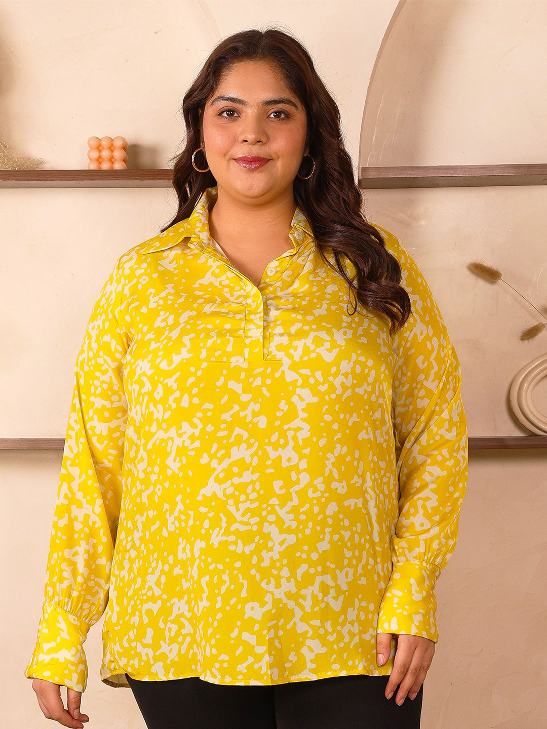 Indietoga Women Plus Size Abstract Printed Satin Top with Extended Adjustable Cuffs