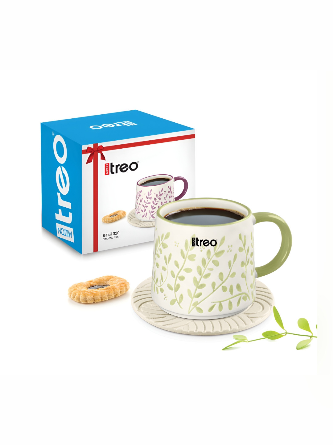 Treo White & Green Printed Ceramic Glossy Mugs