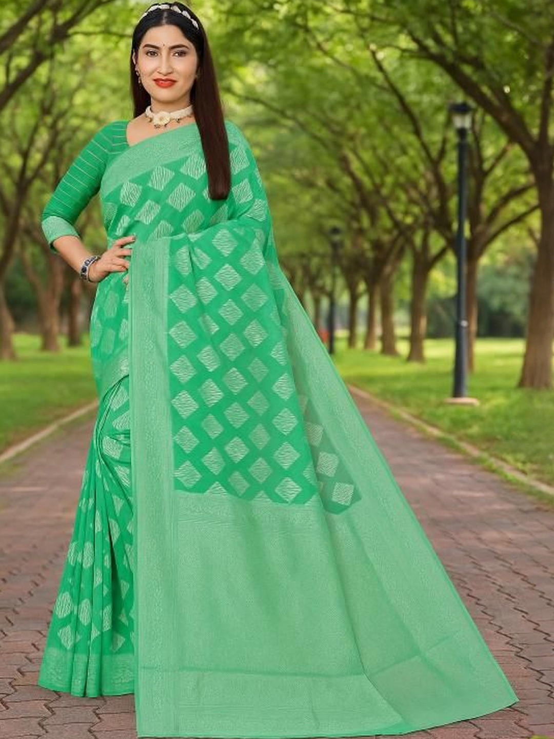 Moda Rapido Fluorescent Green Pure Cotton Woven Design Sarees