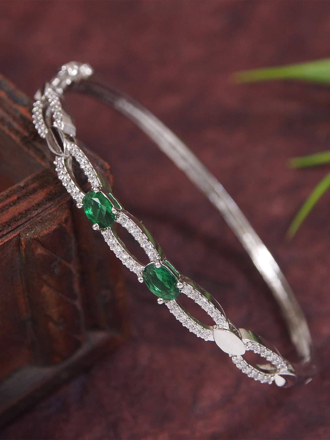 House of Pataudi Women Brass American Diamond Rhodium-Plated Bangle-Style Bracelet