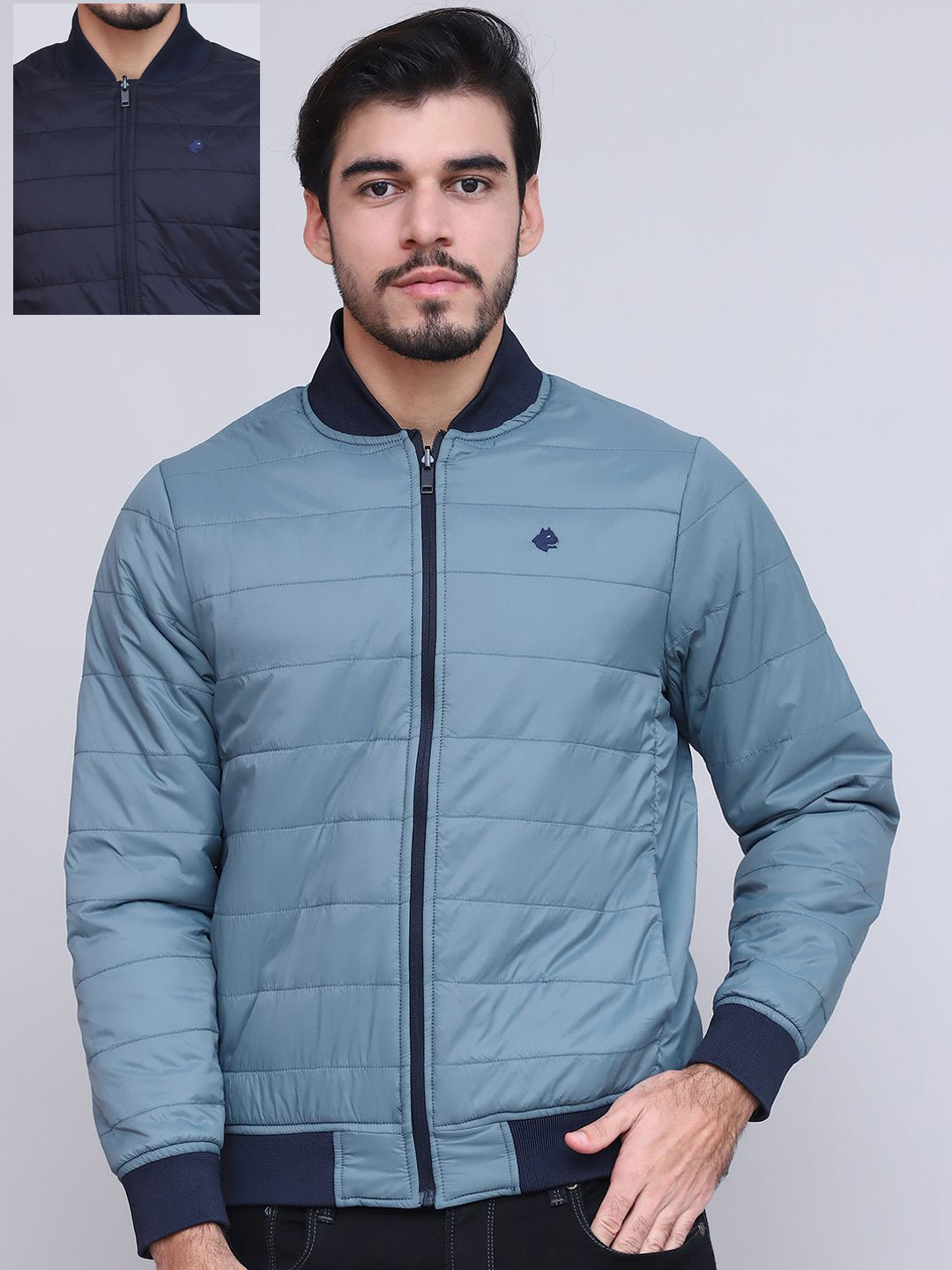 Men's Blue Casual Solid Puffer Jacket