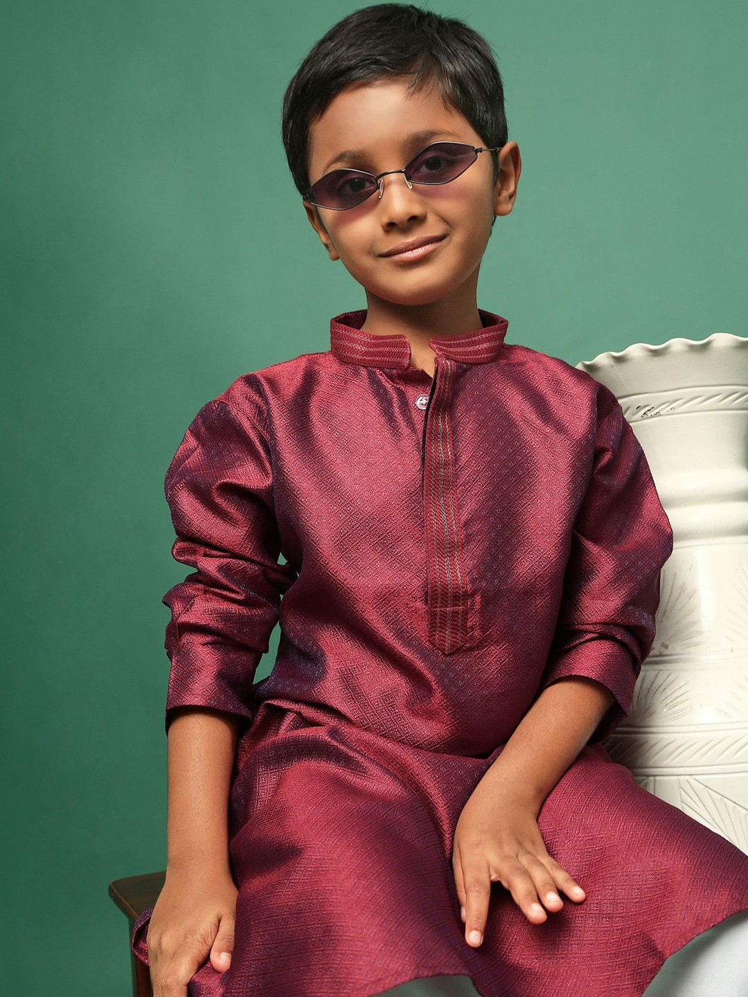 Sangria Boys Royal Maroon Silk Mandarin Collar Ethnic Kurta