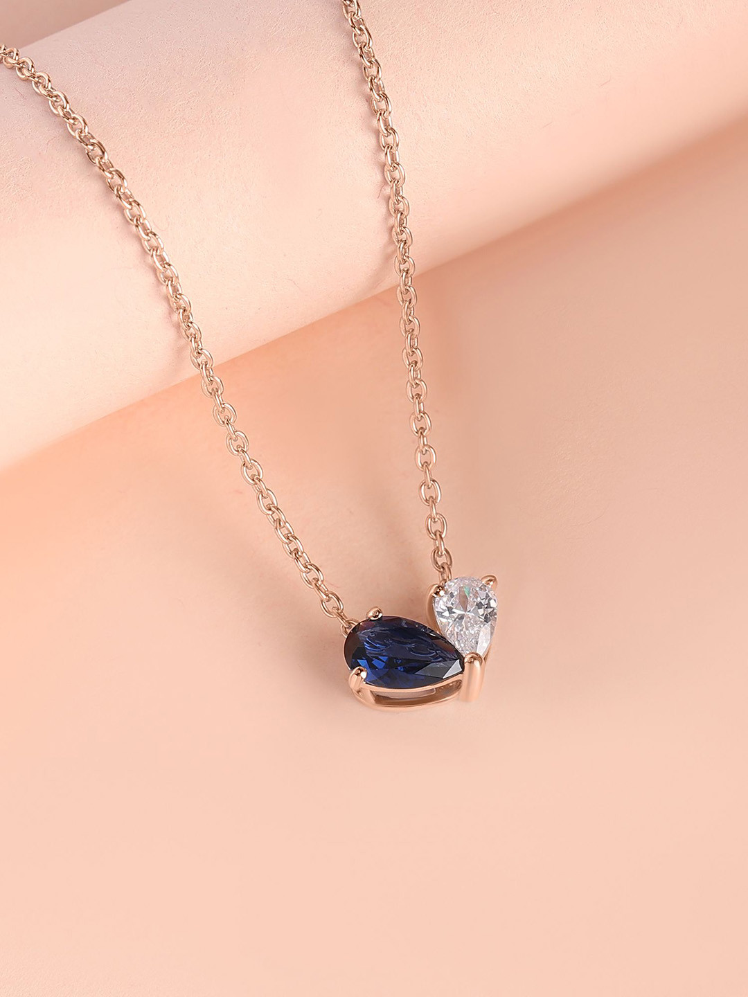 Ornate Jewels 925 Sterling Silver Rose Gold-Plated Sapphire Studded Minimal Necklace