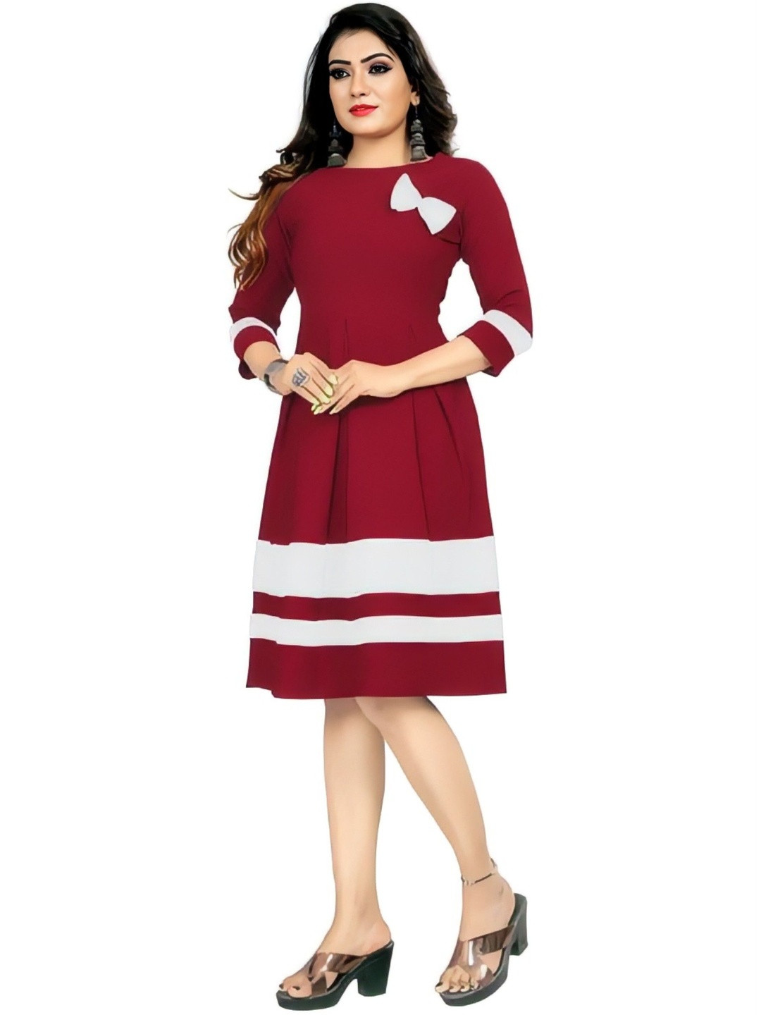HIALTO Women Red Striped Pattern Fit & Flare Dress