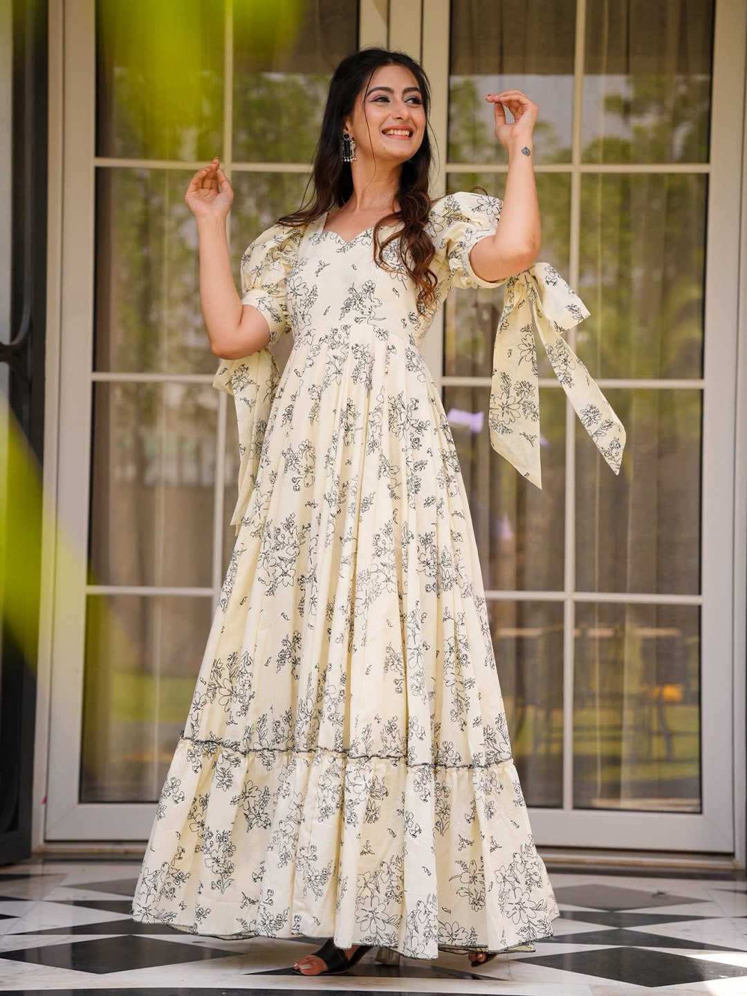 Happy Design Floral Print Puff Sleeve With Tie-Up details Layered Maxi Dress