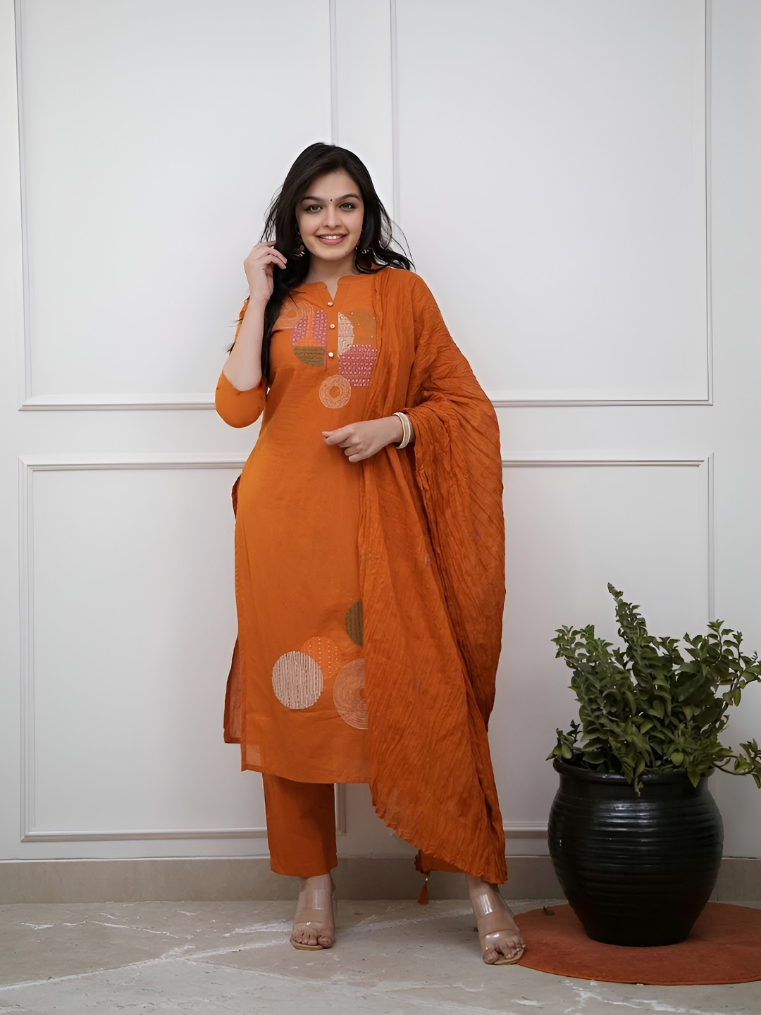 PARNAVI Embroidered Mandarin Collar Thread Work Straight Kurta With Trousers & Dupatta
