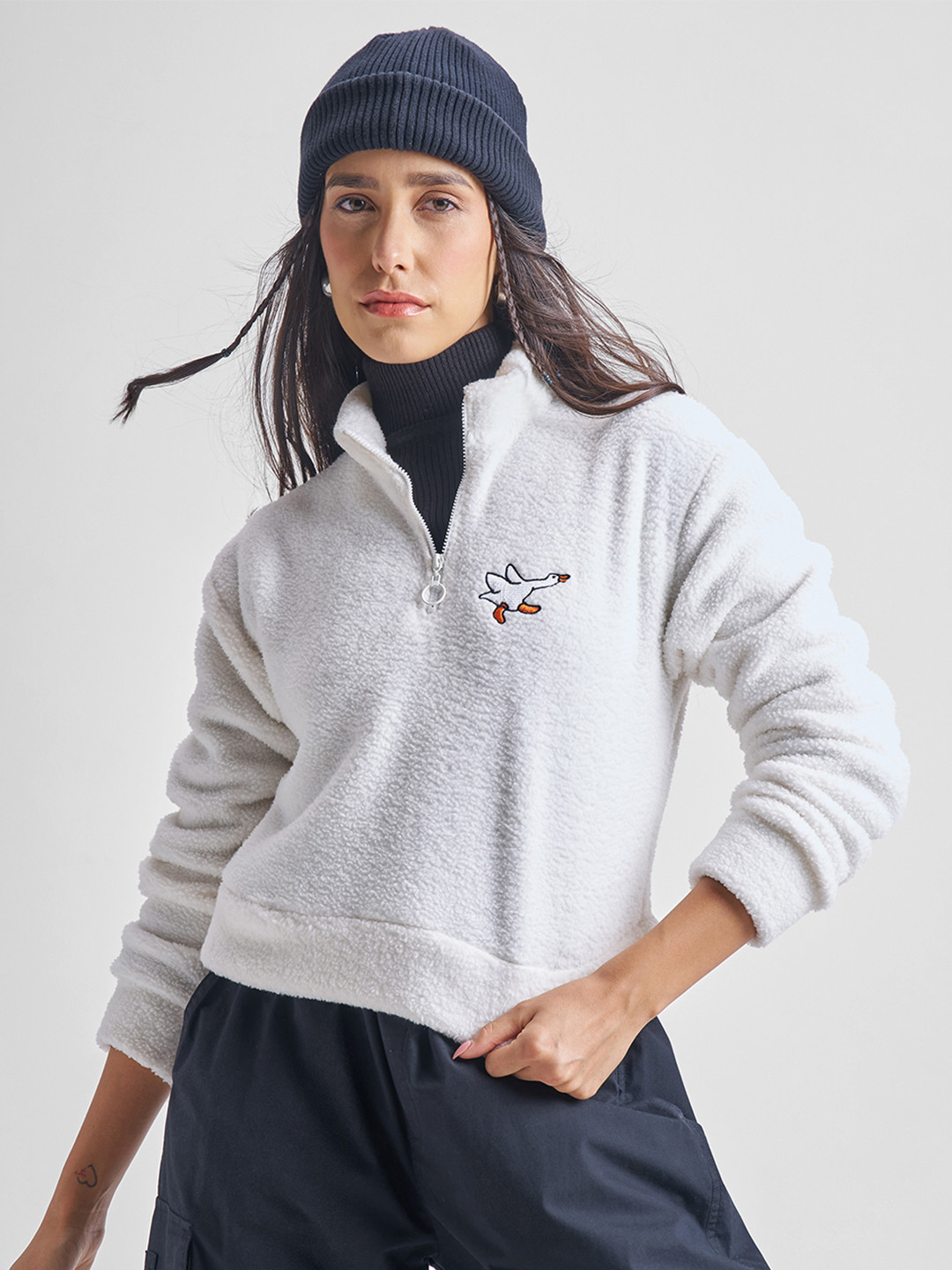 Tokyo Talkies White High Neck Pullover Crop Sweatshirt