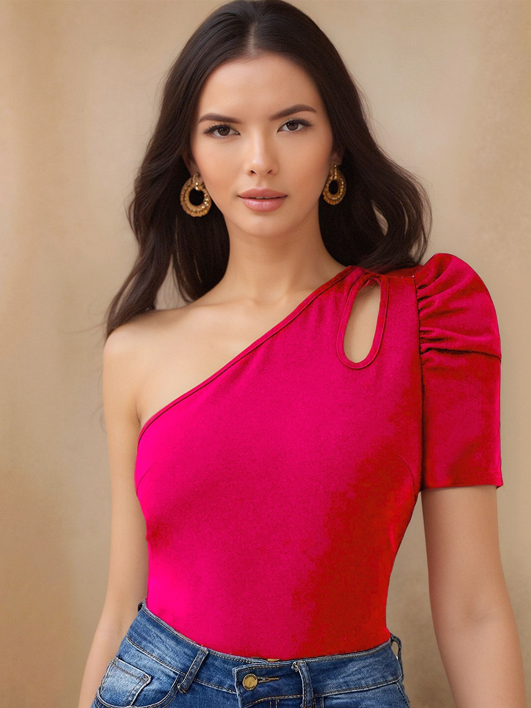 ZYNG One Shoulder Cut Out Puff Sleeve Top