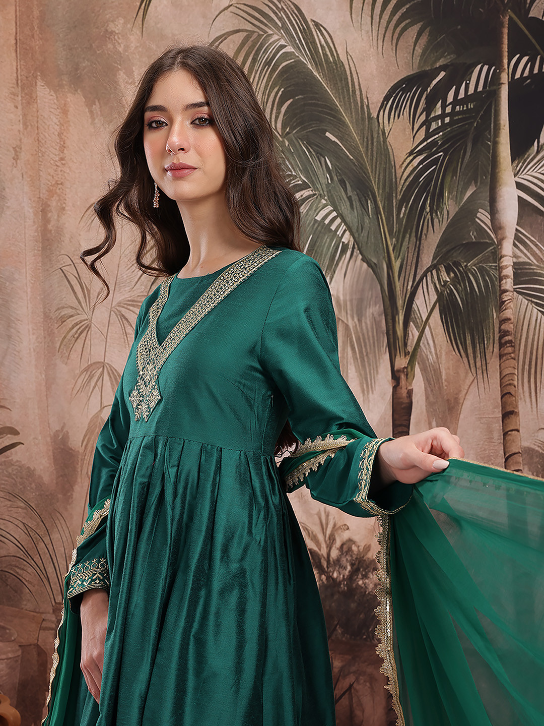 Sangria Yoke Thread Work Design Round Neck A-Line Kurta Set with Dupatta