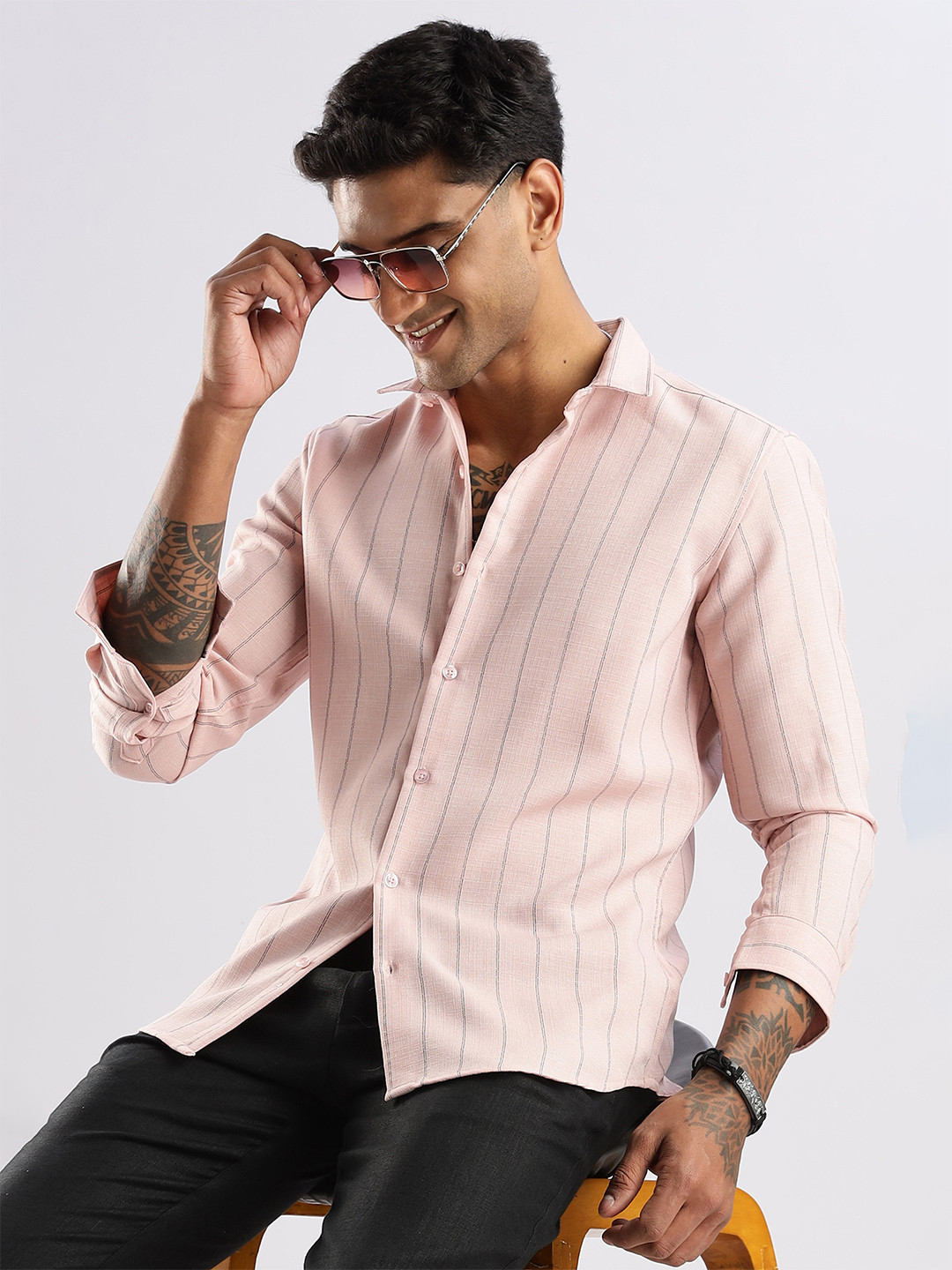 NEVER NEUD Men Air Like Linen Stripes Regular Slim Fit Casual Shirt