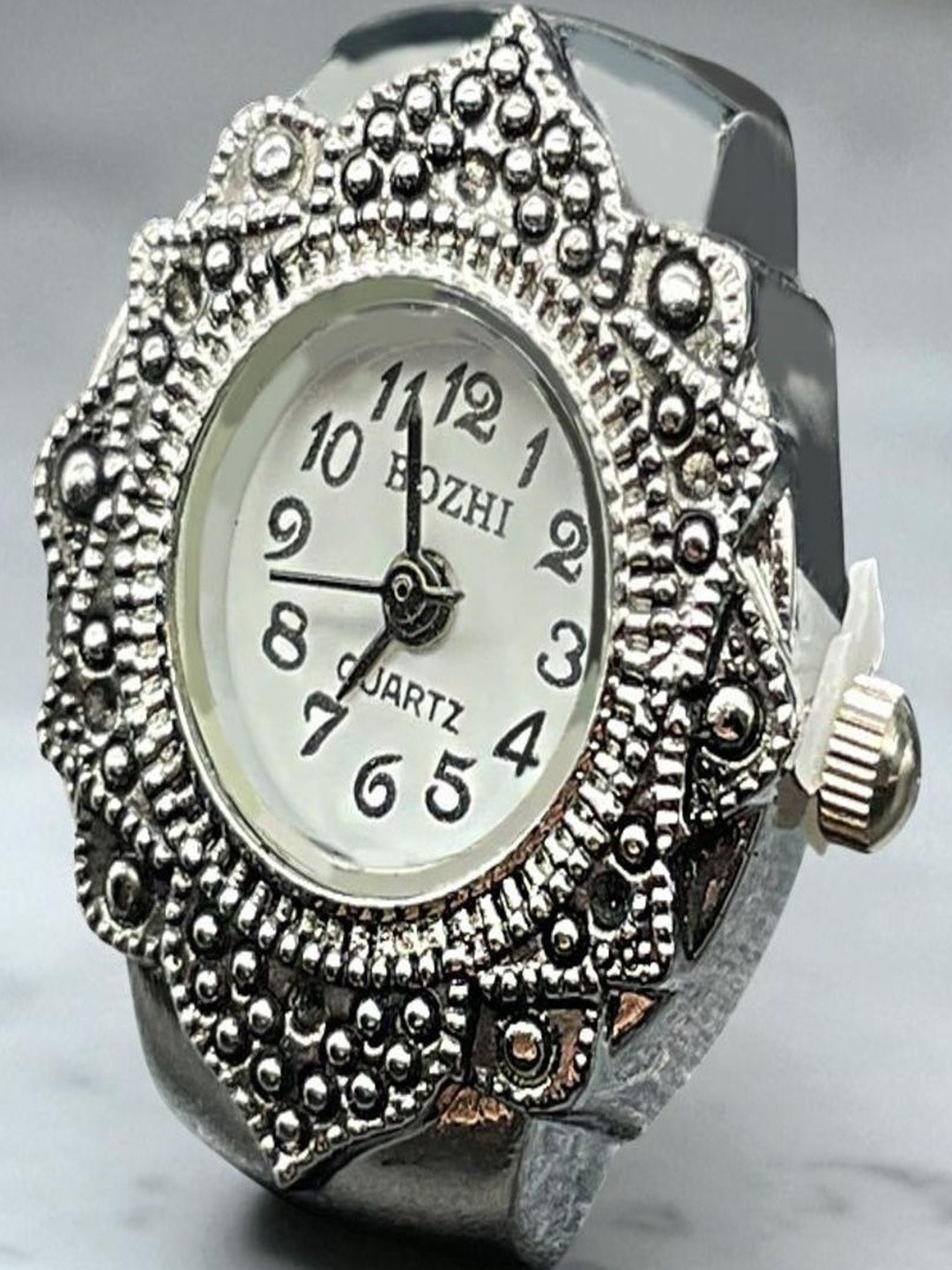 SAPRAA TRENDS Women Silver-Plated Stainless Steel Adjustable Quartz Watch Ring