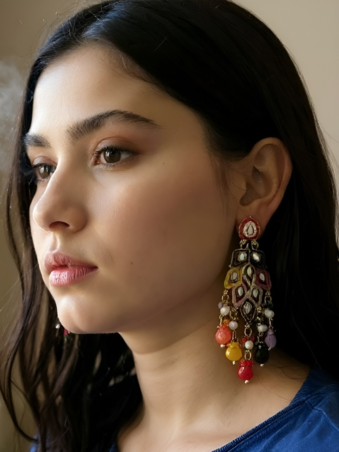 The Style Courtyard Artificial Stones Studded And Beaded Leaf Shaped Drop Earrings