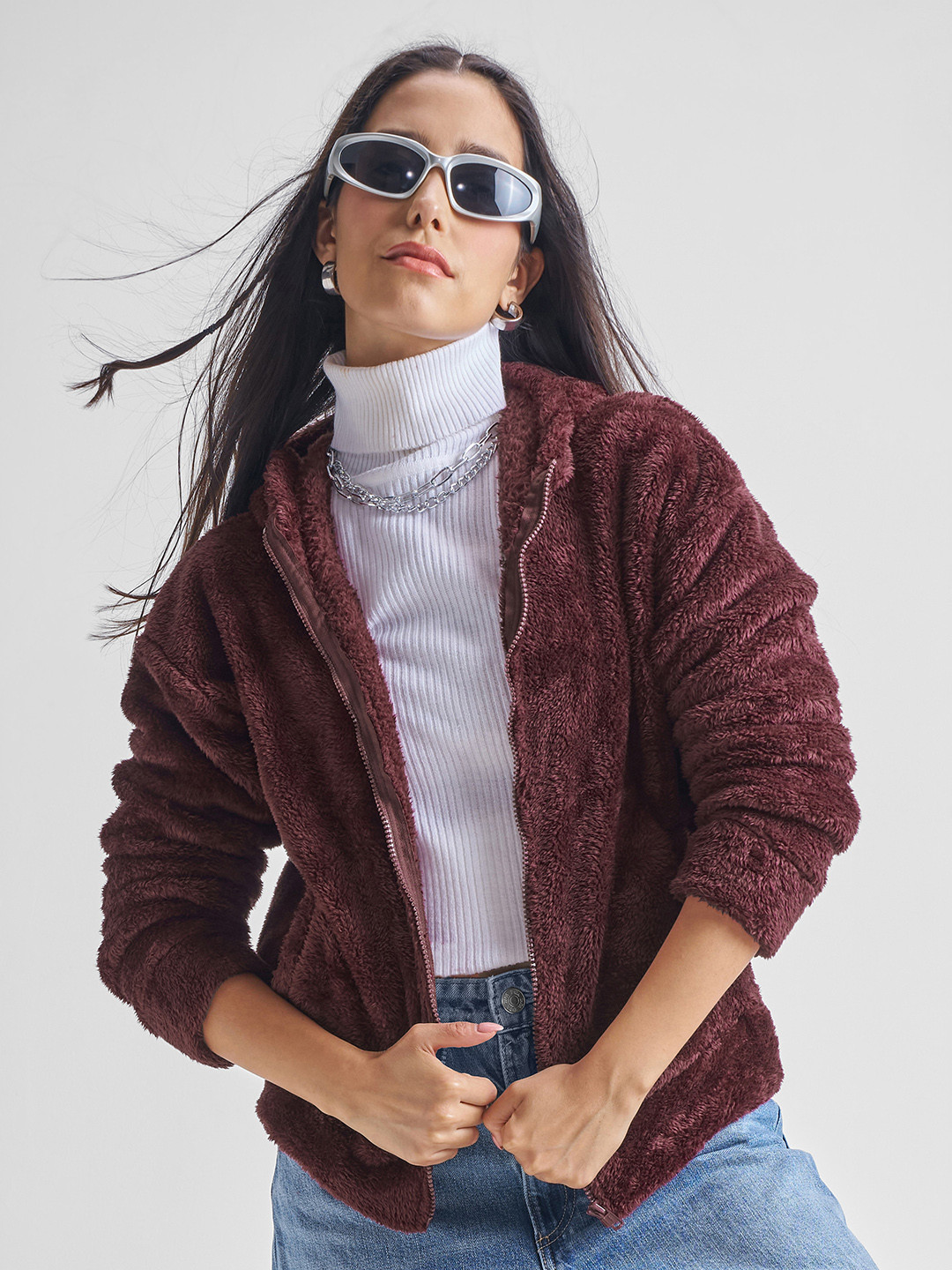 Tokyo Talkies Maroon Hooded Oversized Front-Open Sweatshirt