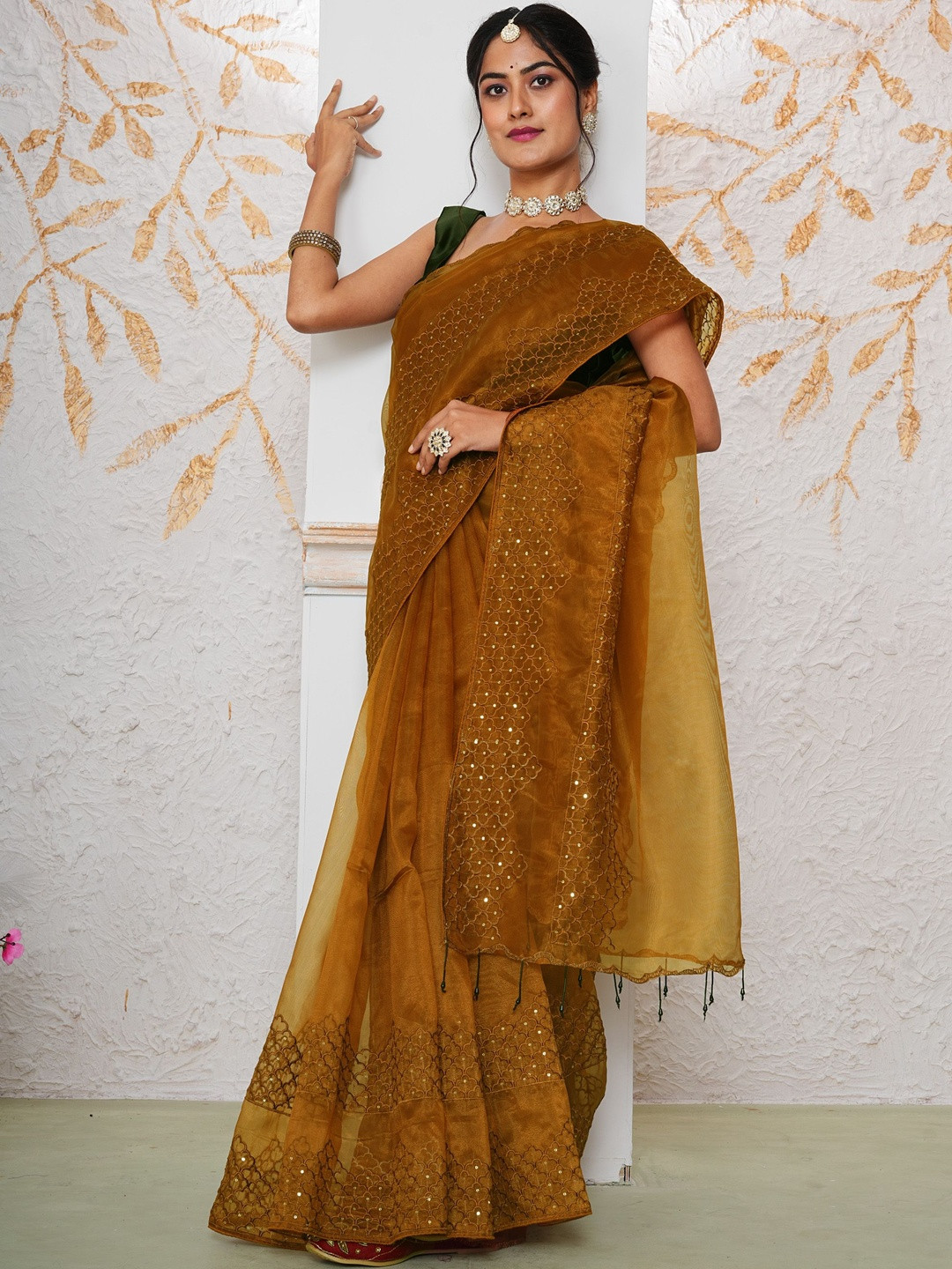 Anouk Gold Organza Embroidered Sarees