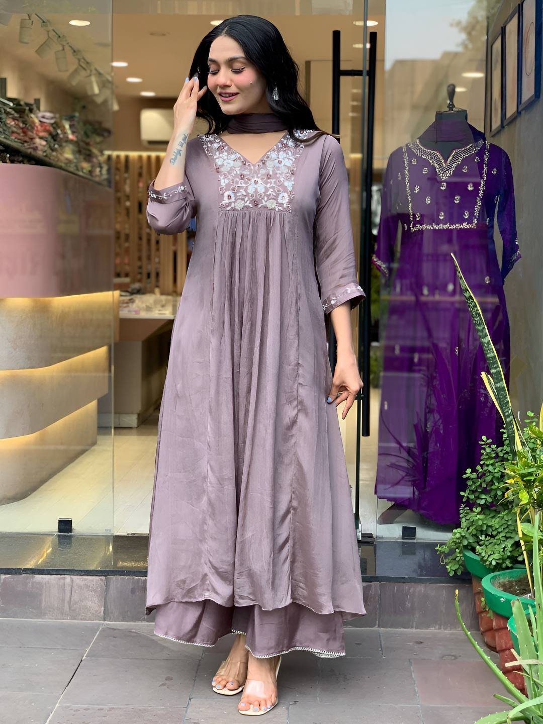 Pantos Women Floral Embroidered A-Line Kurta with Palazzo & Dupatta