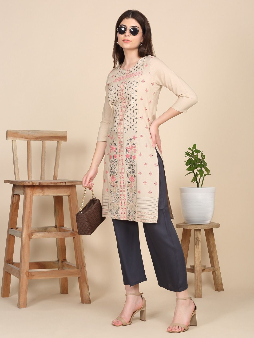 HOME VIBE Women Floral Printed Round Neck Pure Cotton Kurti