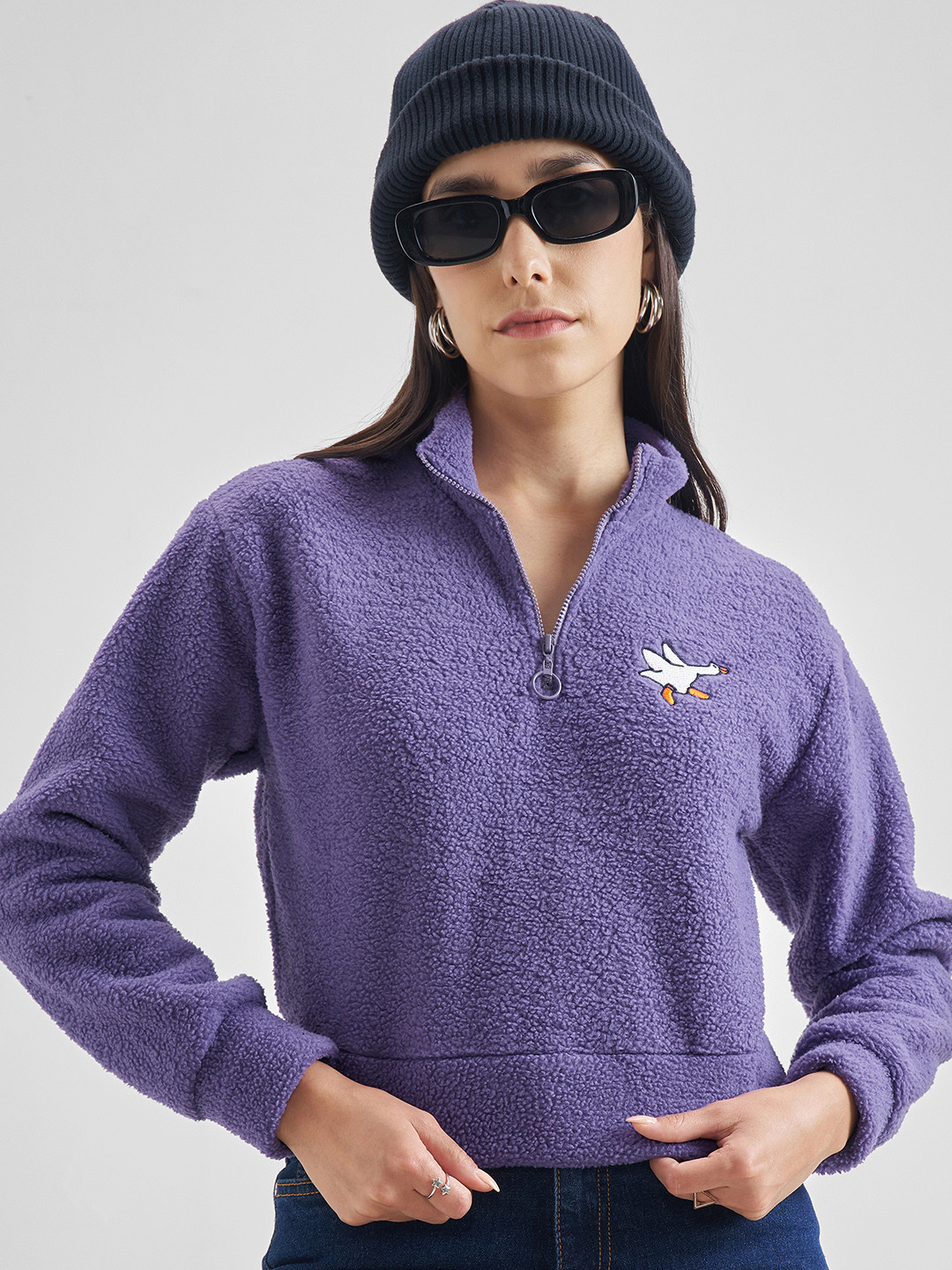 Tokyo Talkies Purple Self Design Long Sleeve Zip Detail Crop Pullover Sweatshirt