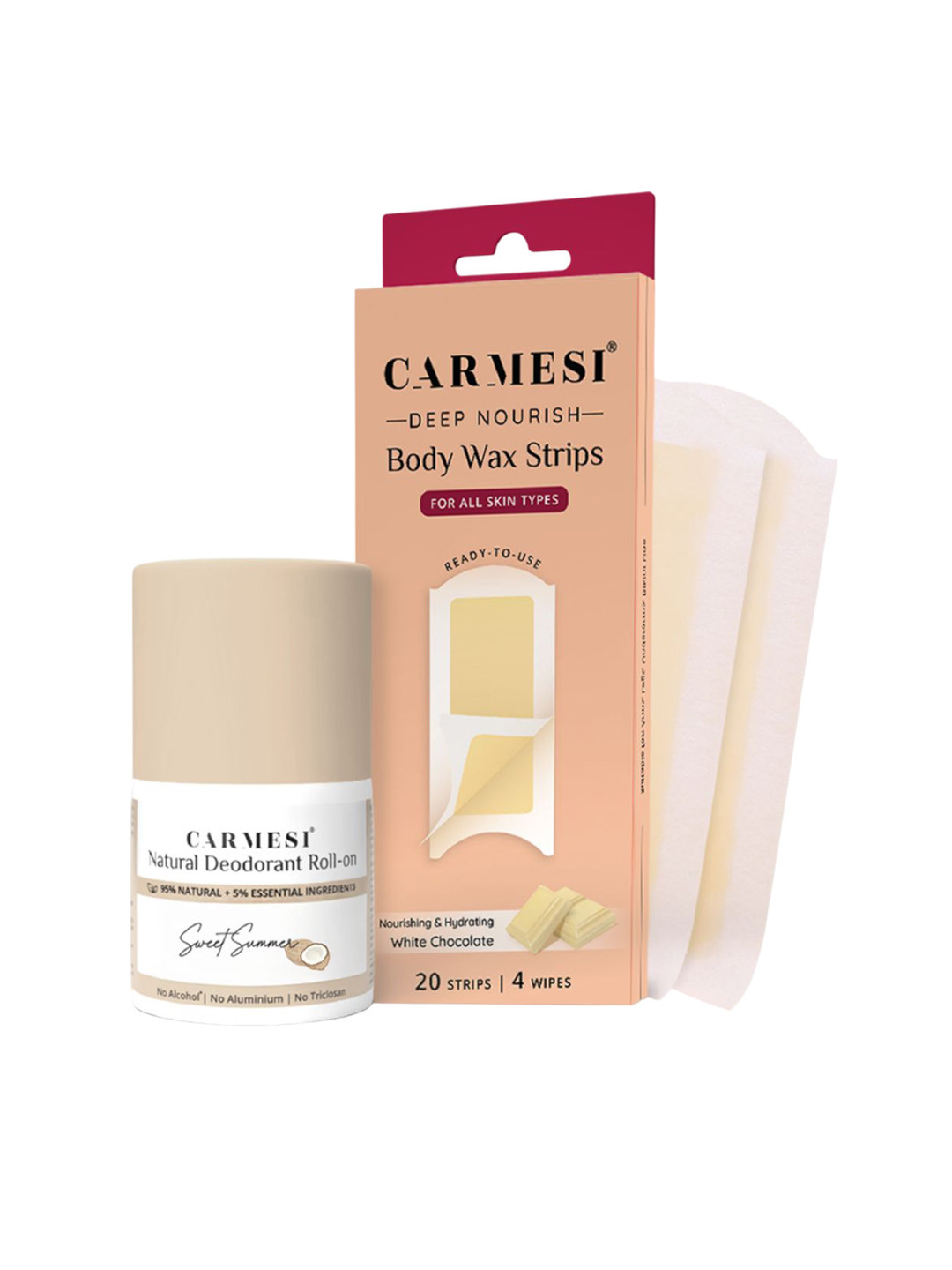 CARMESI Set Of 2 Deodorant Roll On - Sweet Summer - 50ml & Wax Strips - 20 Strips, 4 Wipes