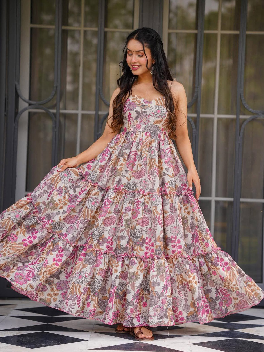 Pantos Women Floral Printed Tiered Shoulder Straps Fit & Flare Maxi Dress