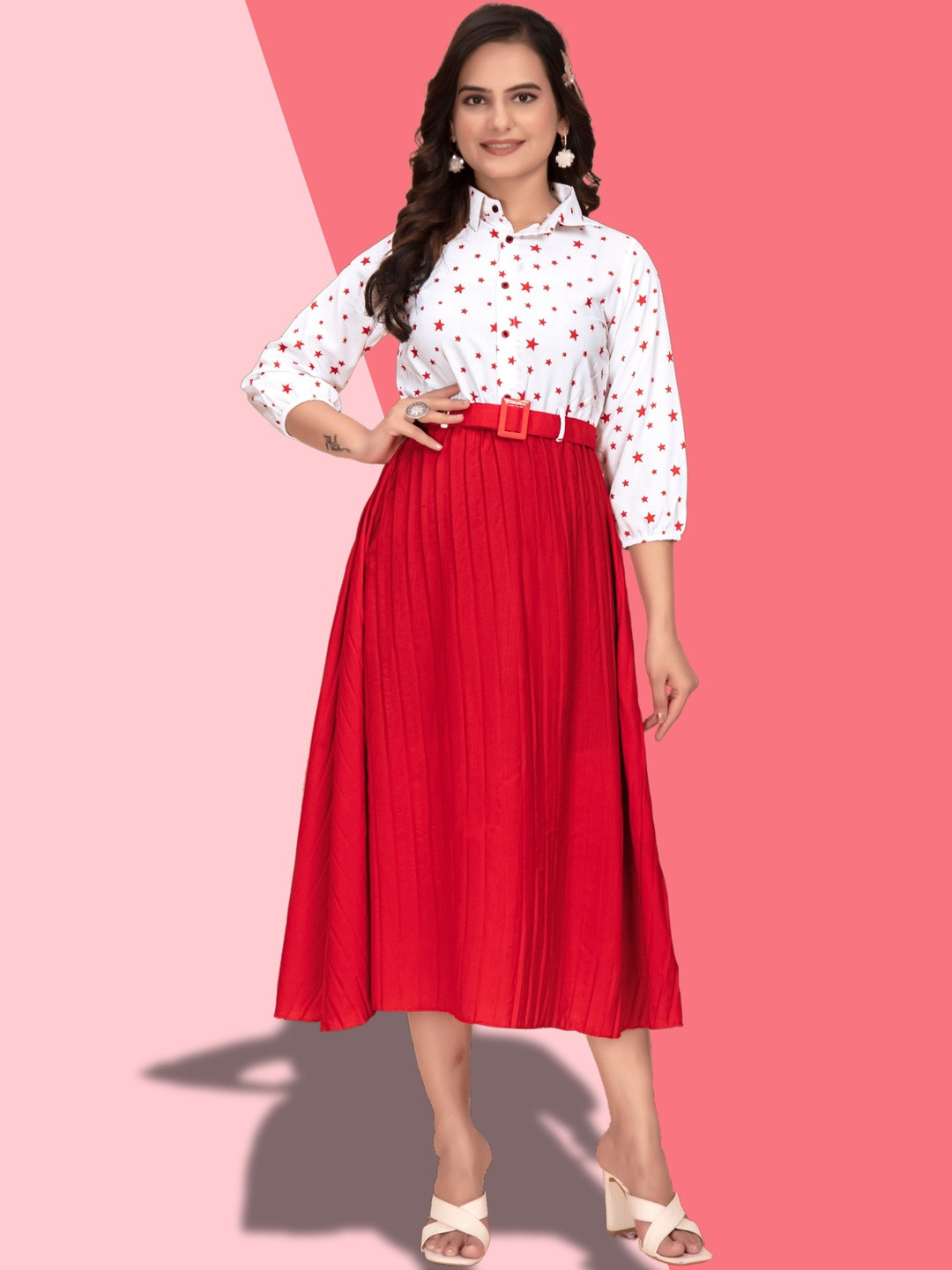 HIALTO Women Red & White Cowl Neck Fit & Flare Dress